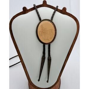 Vintage 70s Western Rodeo Bolo Tie Scrimshaw Style Cowboy Copper & Leather